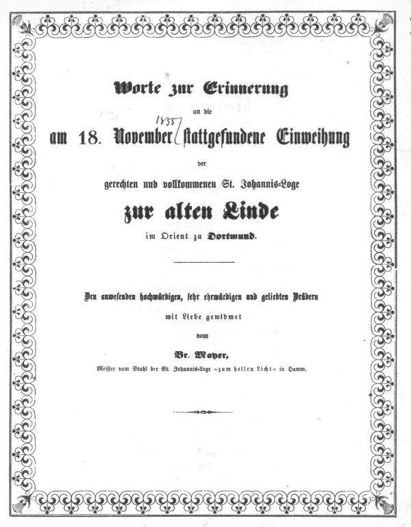 Nach der Gründung der Loge Zur alten Linde erschien eine Dokumentation mit den Festansprachen.